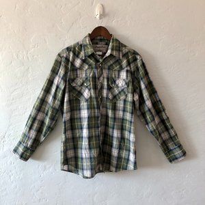 Mens Green Wrangler Pearl Snap Shirt- Size Large